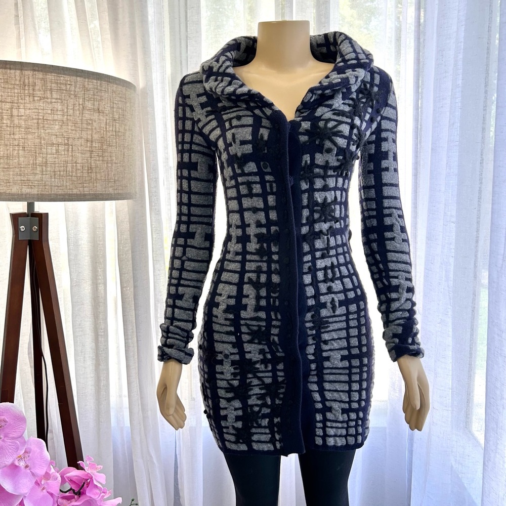 CHARLIE & ROBIN Anthro Gray & Blue Knit Long Cardigan Sweater Coat Size XS